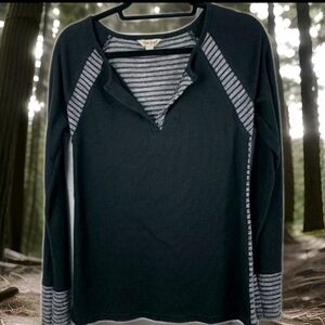 Lucky Brand Henley Thermal Top Black & Gray Stripe in Large Stripe Burnout Back